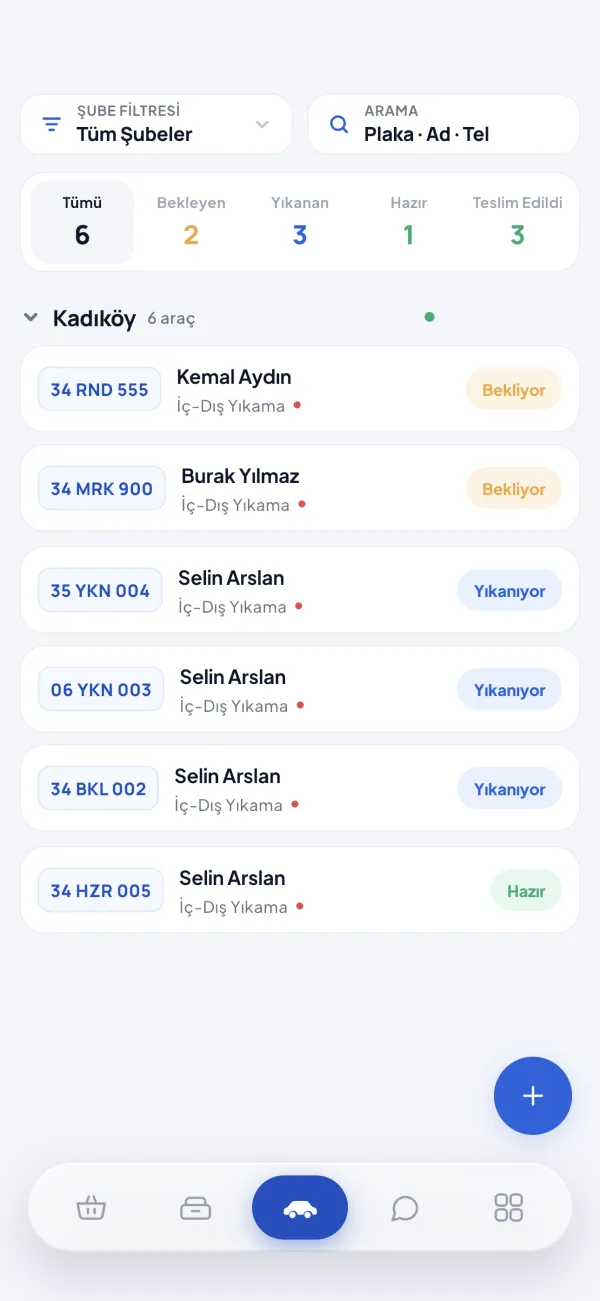 Garajinn Sıra ekranı: şubedeki araçlar bekliyor, yıkanıyor ve hazır durumlarıyla listelenir